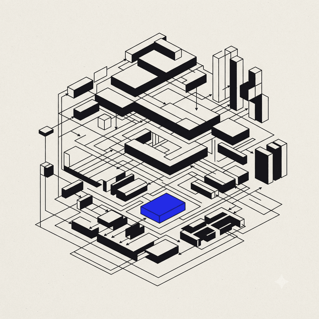 Diagrama isométrico de una arquitectura de software con un componente destacado en azul ultramar